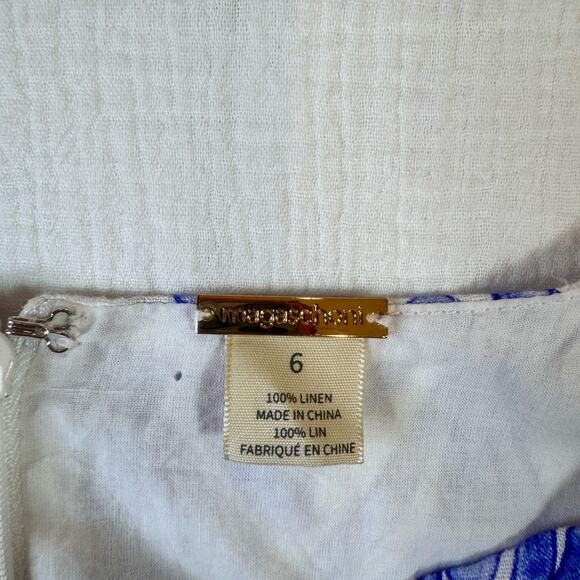 Magaschoni Linen Dress White Blue Summer Women’s 6 Cut Out Resort Wear Vacation - Picture 3 of 16